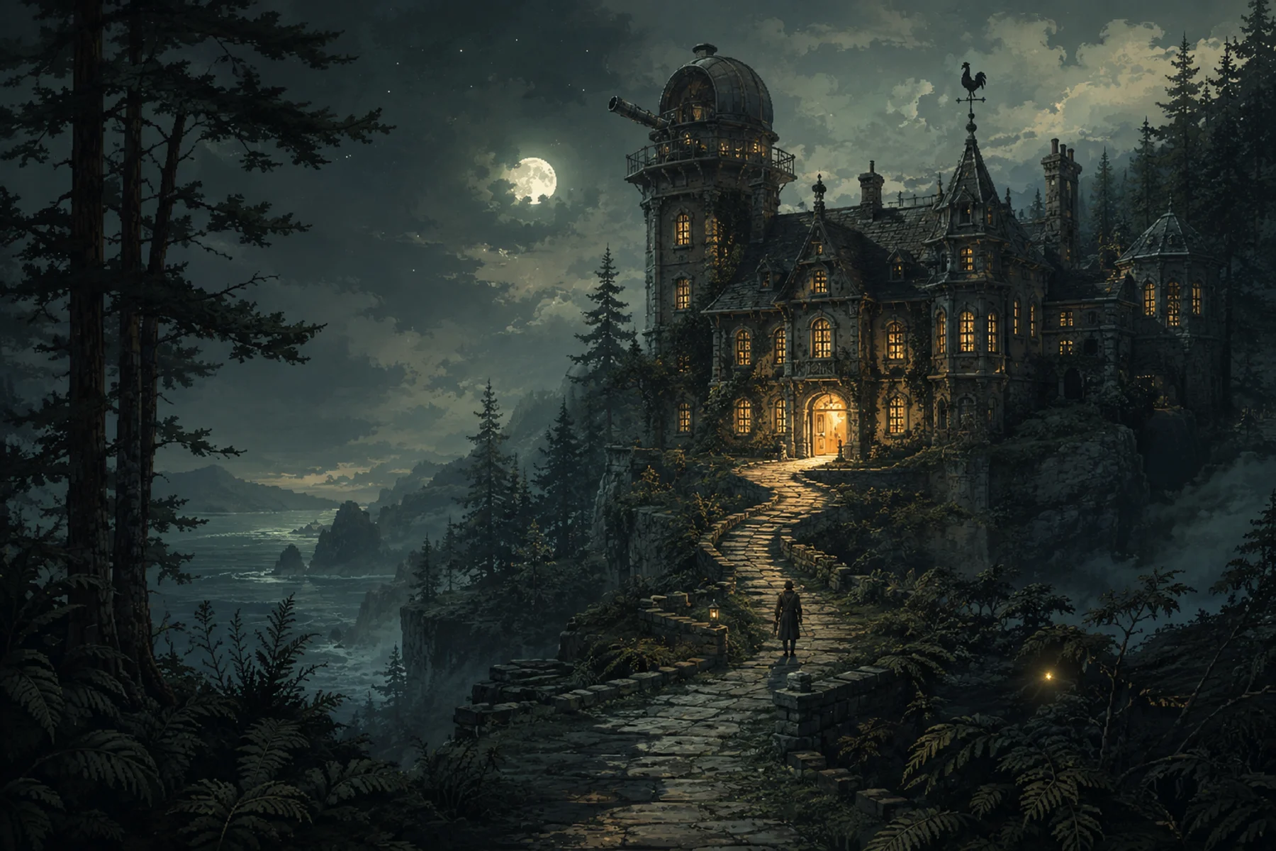 A moonlit observatory above the sea, with a winding path leading to its glowing doorway